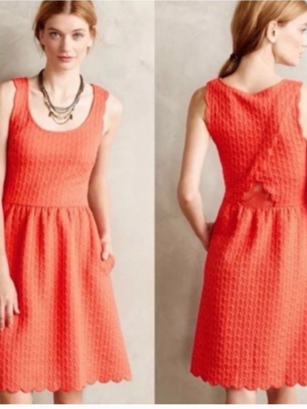 Anthropologie Maeve Poppy Caye Scalloped Orange red Sleeveless Pockets Dress M